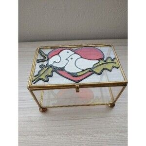 Vintage Stained Glass Brass Jewelry Box w Red Valentine Heart Plus 2 White Doves